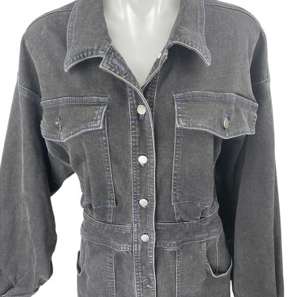 Free People Bo Black Long Sleeve Button Up Denim Jean Shirt Mini Dress Size M - Picture 3 of 5